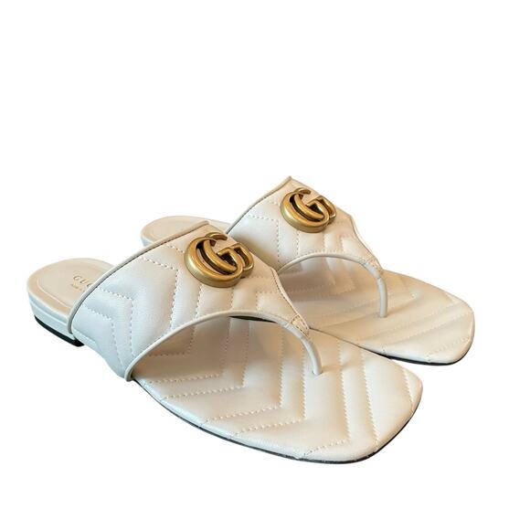 Gucci GG Marmont Matelasse Leather Flip Flop Sandals Cream White Sz 37.5 US 7.5
